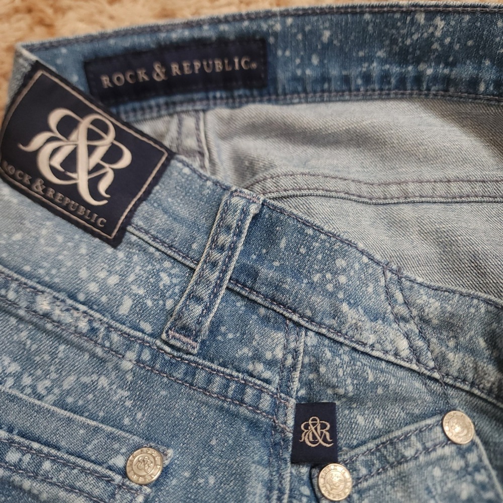 Rock & Republic Emo Jeans Womens 8 Blue Paint Splatter Distressed Skinny LowRise
